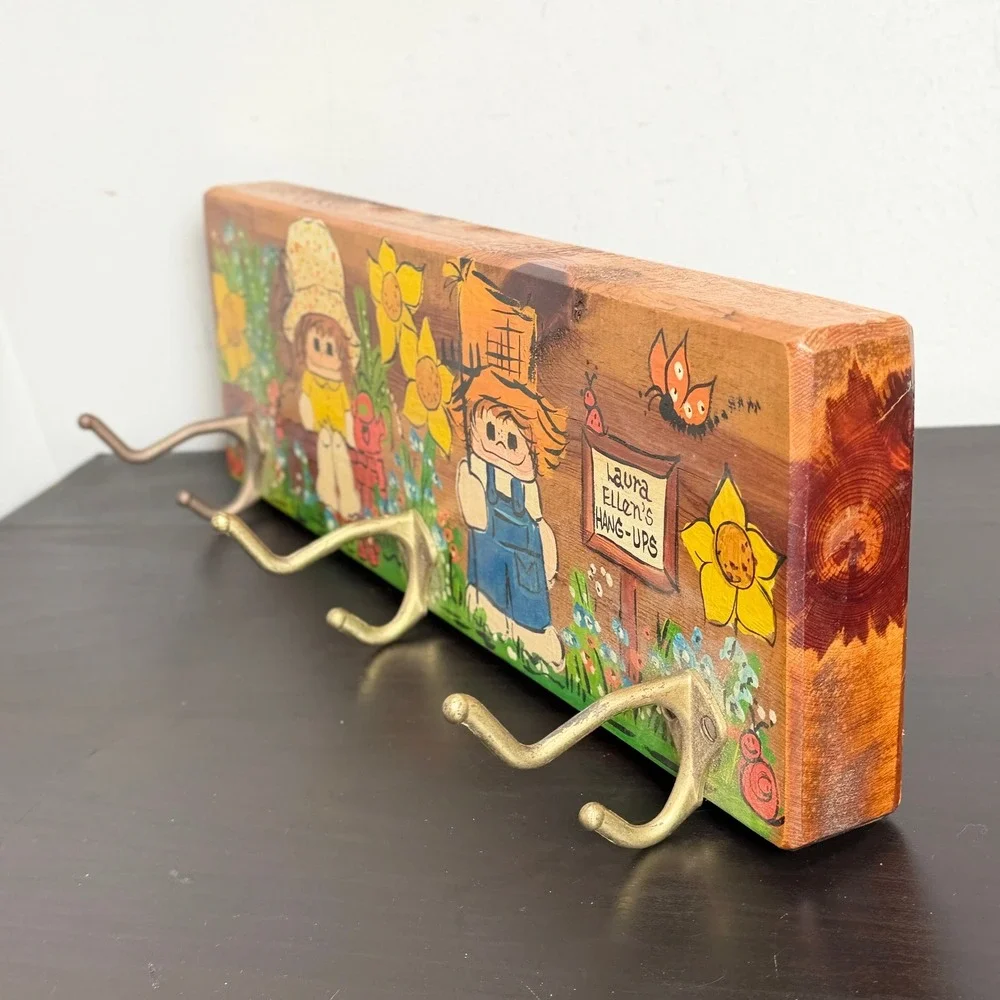 Vintage 1975 Hand Painted Wood Wall Hook Coat Rack Folk Art Cottagecore Retro